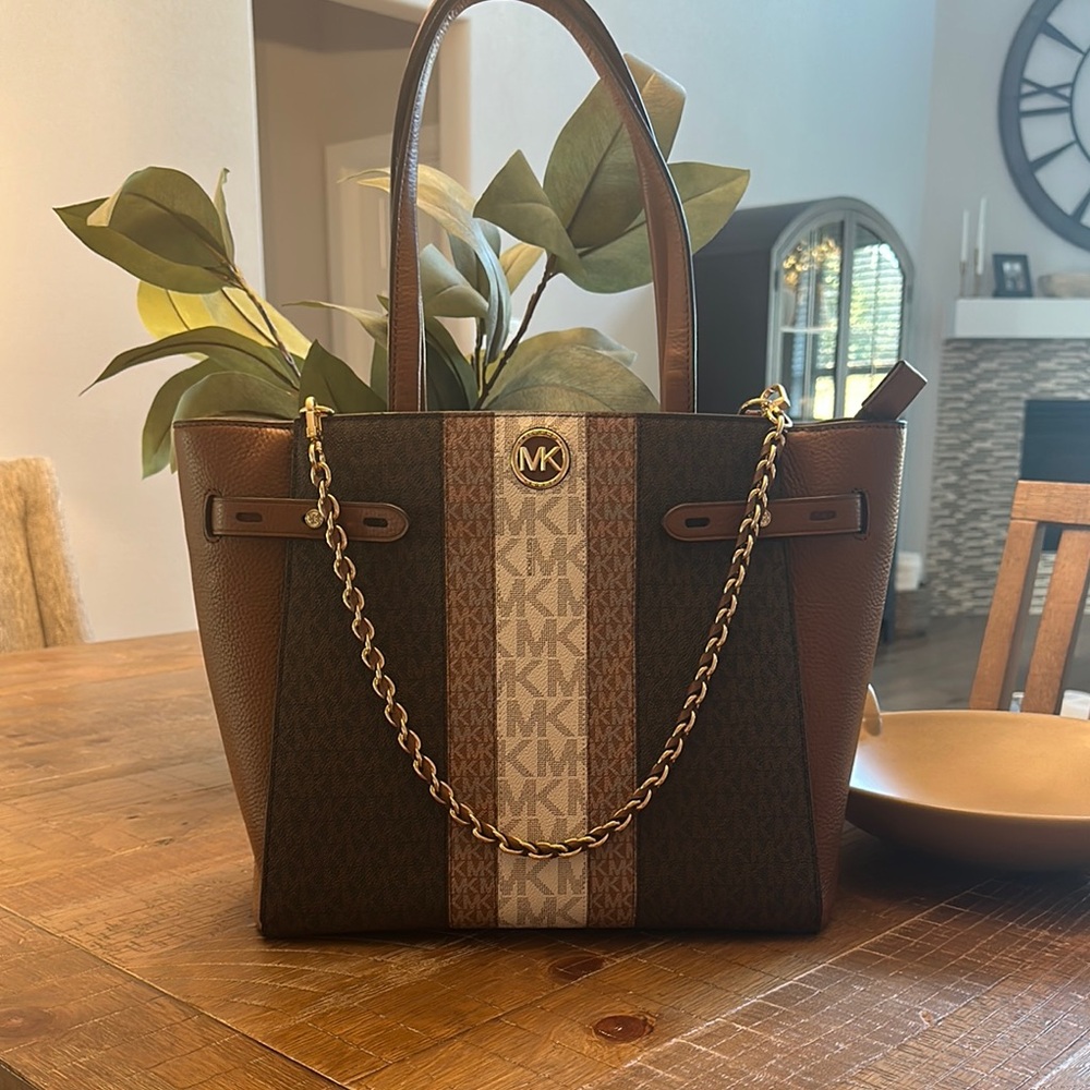 Michael Kors Brown and Tan Tote with Gold Chain Handles